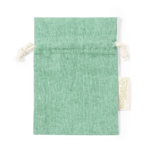 A green drawstring bag made from recycled cotton, featuring a natural cord closure and a branding tag on the side.