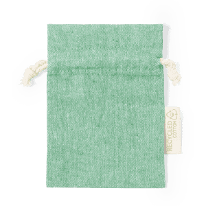 A green drawstring bag made from recycled cotton, featuring a natural drawstring closure and a small tag.