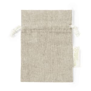 A small light grey drawstring bag made from recycled cotton, featuring a drawstring closure and a branded tag.