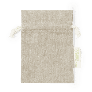 A beige drawstring bag made from recycled cotton, featuring a small logo tag.