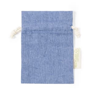 A blue drawstring bag made from recycled cotton, featuring a natural cord closure and a branding tag.
