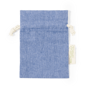 A blue drawstring bag made from recycled cotton, featuring a natural cord closure and a small logo tag.