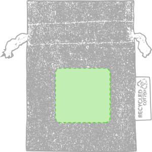 A grey drawstring bag made from recycled cotton, featuring a plain green square area and a tag.
