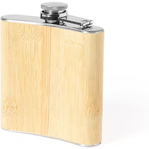 A drink bottle designed as a hip flask, featuring a bamboo exterior and stainless steel cap.