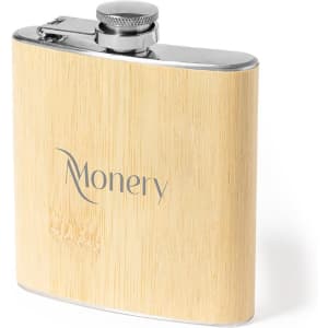 A drink flask with a bamboo exterior and stainless steel top, featuring a logo.