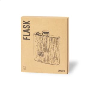 A drink bottle with a stainless-steel finish, presented in a simple brown cardboard box, featuring a flask with a screw cap.