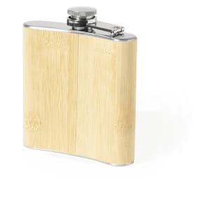 A drink bottle featuring a bamboo exterior and a stainless steel lid, with a sleek, curved design.