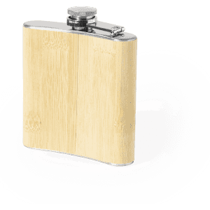 A drink bottle with a bamboo exterior and stainless steel top, featuring a secure cap and a logo.