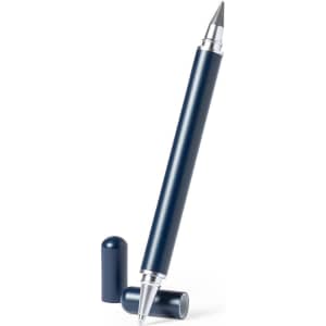 A navy metal pen with a silver nib and a removable cap, featuring a logo on the body.