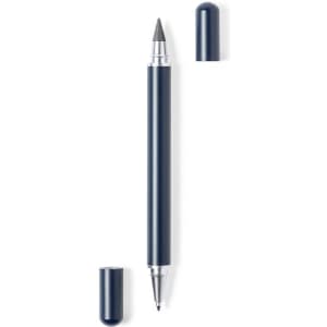 A navy metal pen with a smooth finish and removable cap, featuring a silver clip and detailing.