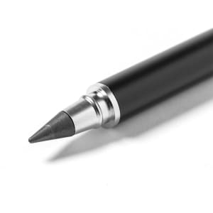 A black metal pencil pen with a silver accent at the tip, featuring a sleek design and a logo.