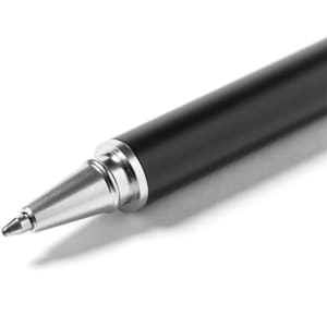 A black metal pen with a silver tip and detailing, featuring a logo on the barrel.