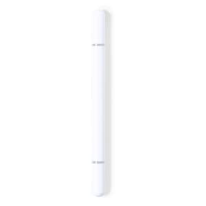 A white metal pen with a sleek design and a silver accent, featuring branding.