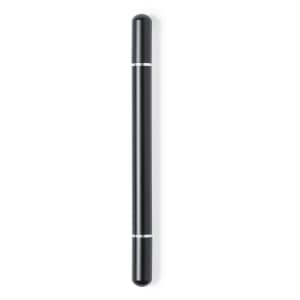 A black metal pen featuring silver accents and a sleek design. It has a branding logo on the surface.