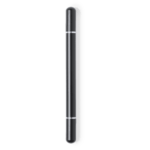A sleek black metal pen with silver accents, featuring a smooth, minimalist design and a branding logo.