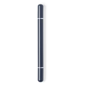A metal pen in a sleek navy blue colour features silver accents and a minimalist design. It includes a logo.