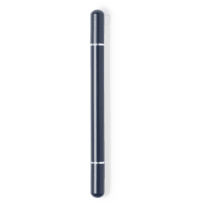 A navy metal pen with a sleek design and a silver detailing. Features a branding logo.