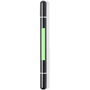 A black metal pen with a green textured grip and silver accents, featuring a logo on its surface.