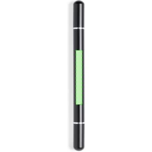 A black metal pen with a green accent section and silver detailing, featuring a logo.