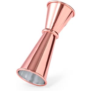 A rose gold jigger with a sleek, shiny finish, featuring a classic hourglass shape and a logo.