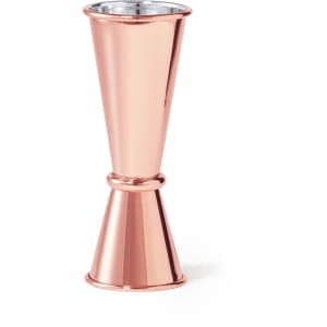 A rose gold Corby Jigger with a sleek, tapered design and a shiny metallic finish. It features a logo on its side.