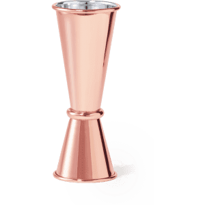 A copper jigger with a sleek, tapered design and a shiny finish, suitable for measuring liquids.