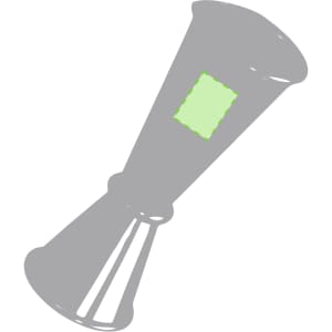A silver jigger with a green accent feature, used for measuring ingredients in drinks. It has a logo.