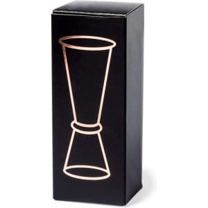 A black box containing a copper-coloured jigger, designed for measuring liquids in drinks.