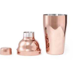 A copper cocktail shaker set featuring a main shaker body, lid, and top piece, with a sleek, reflective finish.