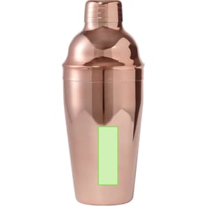 A cocktail shaker in a shiny copper finish, featuring a logo and a large green accent area.