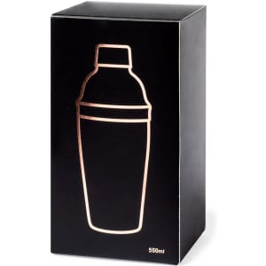 A drink shaker in a black box with a rose gold outline, featuring a logo. Holds 550ml.