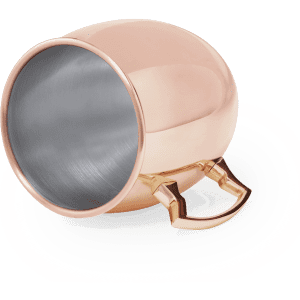 A coffee mug with a shiny copper exterior and a metallic interior, featuring a sturdy handle.