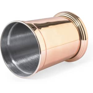 A copper-coloured coffee mug with a sleek, shiny finish and a stainless steel interior, featuring a logo.