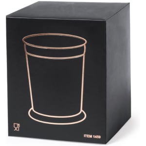 A black box with a simple outline of a cup in a metallic finish. The box features branding.
