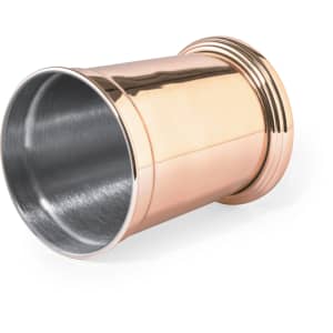 A copper finish cup with a stainless steel interior and a sleek design. It features a simple branding logo.