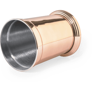 A coffee mug in a shiny copper finish with a polished interior and a ribbed edge. It features a logo.