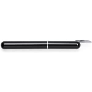 A sleek black corkscrew with a polished handle and a silver band, featuring a small cutting blade.