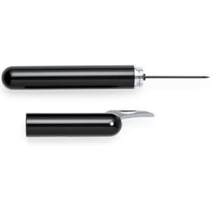 A black corkscrew with a sleek design, featuring a pointed spiral and a levered opener. It includes a logo.