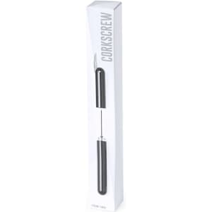 A sleek black corkscrew in packaging, featuring a silver handle and a logo on the box.