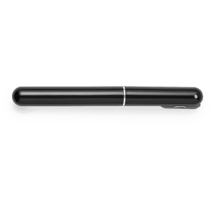 A black corkscrew with a sleek design and a silver accent line, featuring a logo.