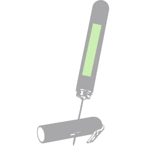 A grey corkscrew with a green handle, featuring a logo, designed for opening bottles.