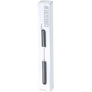 A black corkscrew in a sleek packaging box featuring a logo. Suitable for home and living purposes.