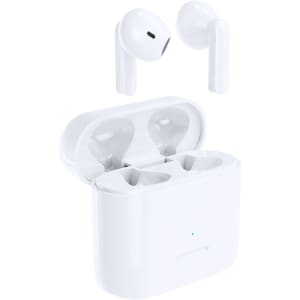White wireless earphones with a charging case, showcasing an open lid and two earbuds above it. The case has a logo.
