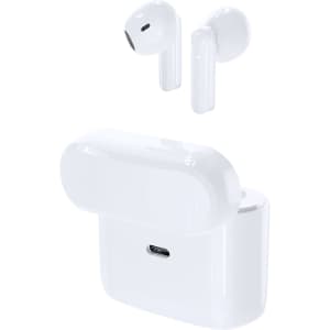 White earphones displayed alongside their charging case, featuring a sleek design and a compact form.