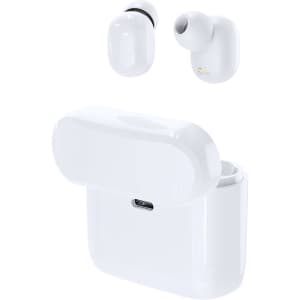 White wireless earphones with a charging case, featuring a sleek design and a logo on the case.