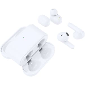 White Baksen earphones with a charging case, including two pairs of earbuds arranged around the case.