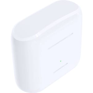 A white charging case for earbuds, featuring a sleek design and a small indicator light.