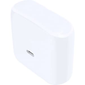 A white charging case for earbuds with a USB-C port on the bottom and a smooth, rounded design.
