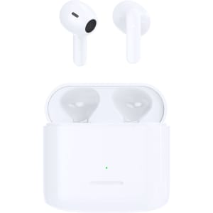 White earbuds with a charging case, featuring a sleek design and minimal branding, arranged neatly in the image.