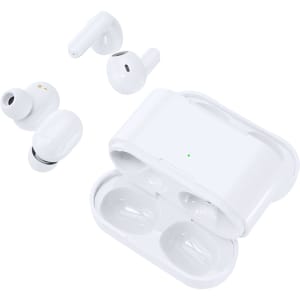 White Baksen earphones with a charging case, featuring two pairs of earbuds in various sizes.